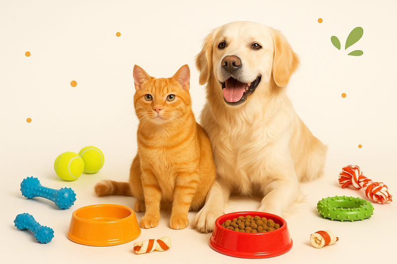 Prompt:
“A bright and friendly cover image for a pet store website. A happy cat and dog sitting together with pet products around them (toys, food bowls, treats). Soft white background with orange and green accents. Clean, modern, and welcoming design.
