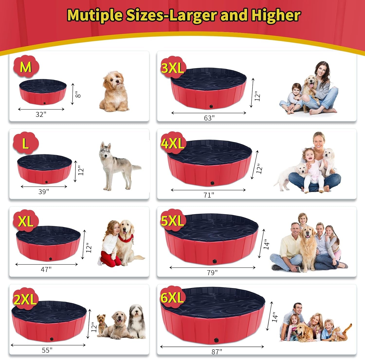 Foldable Dog Pool, 39" X 12" Kiddie Pool with Hard Plastic, Non-Slip Dog Bath Tu