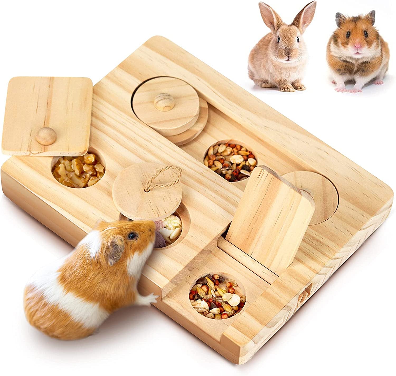 Guinea Pig Foraging Toys, 6 in 1 Hamsters Wooden Interactive Enrichment Toys, Tr