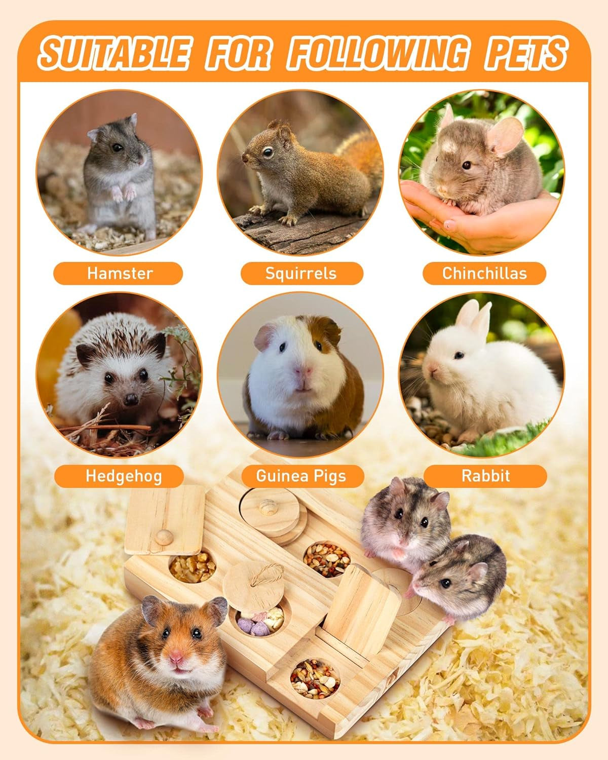 Guinea Pig Foraging Toys, 6 in 1 Hamsters Wooden Interactive Enrichment Toys, Tr