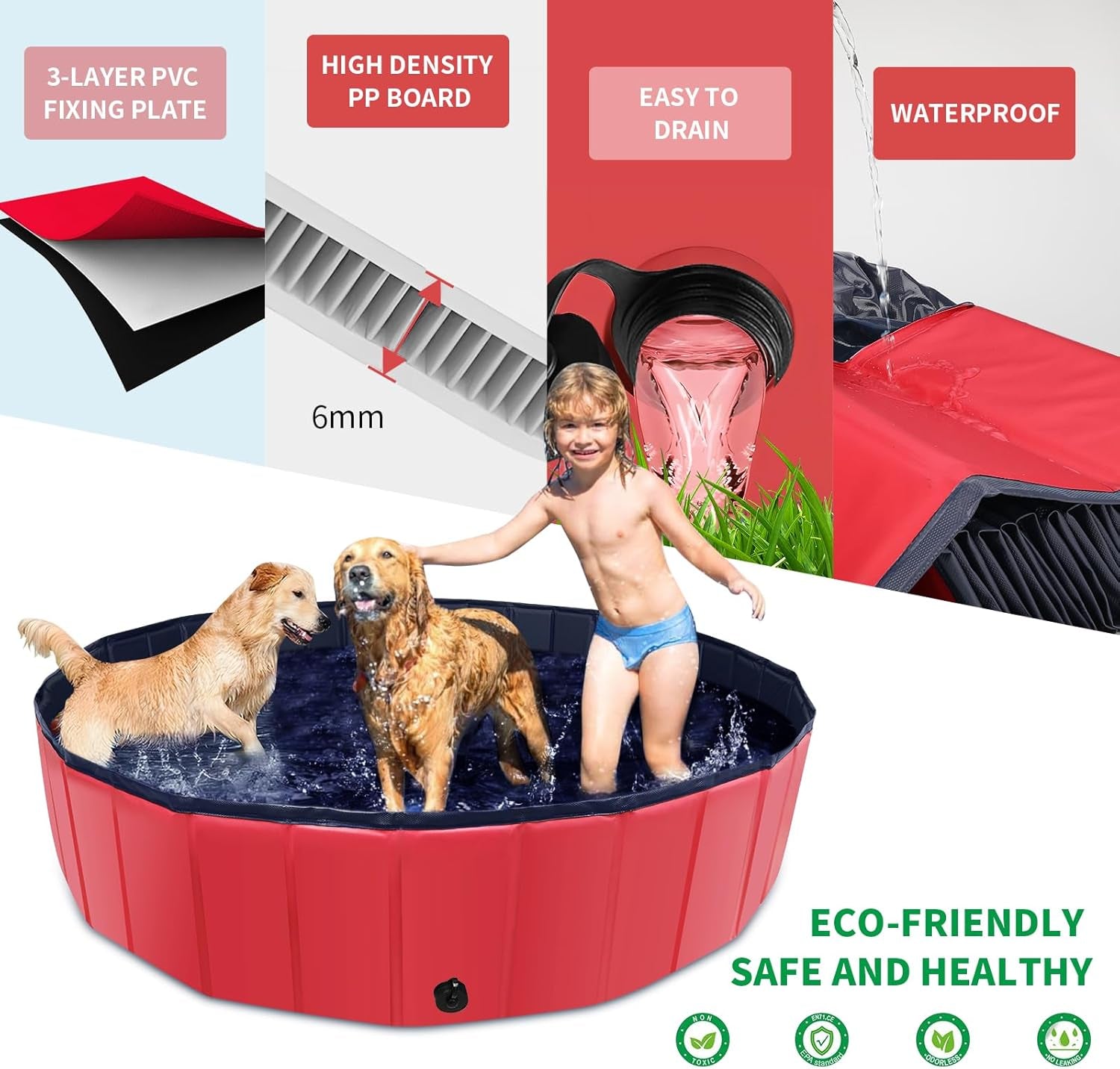 Foldable Dog Pool, 39" X 12" Kiddie Pool with Hard Plastic, Non-Slip Dog Bath Tu