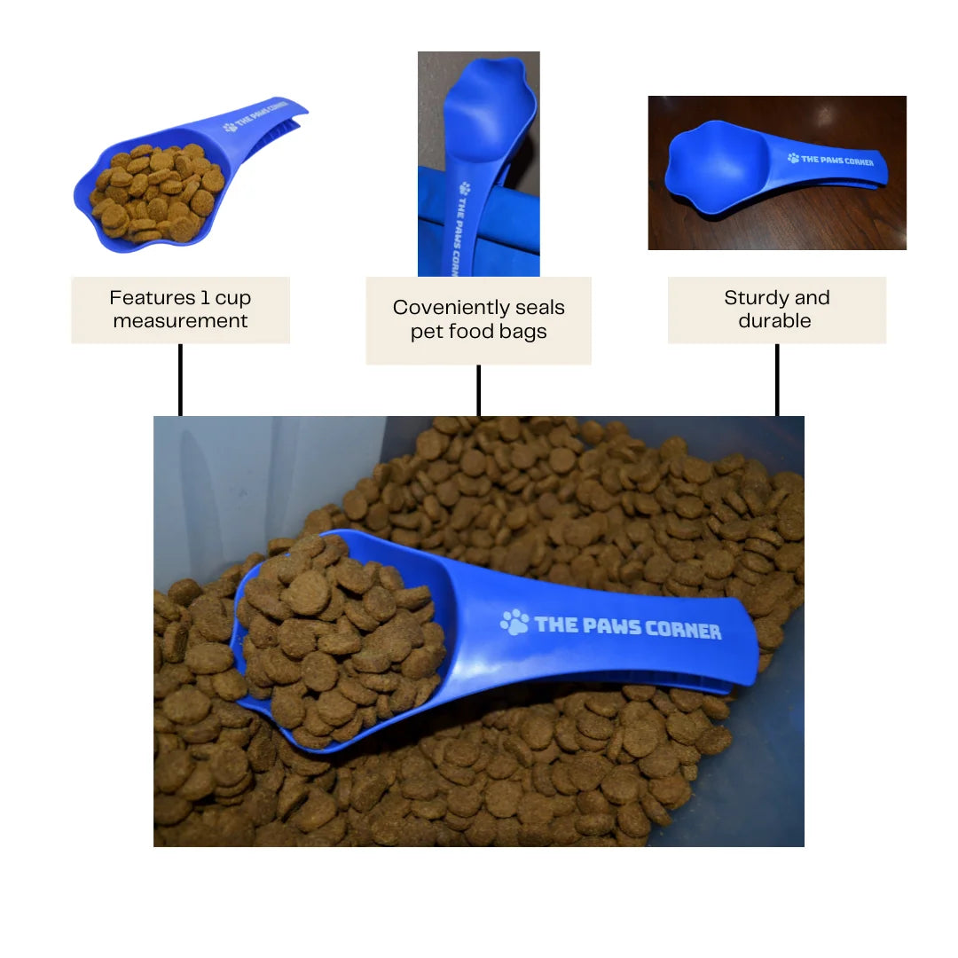 Sturdy and Durable 2In1 Paw Shaped Pet Food Scoop N' Clip, Dog Food Scooper, Scoop N' Clip, Pet Food Scooper (1 Cup Measurement Food Scooper with a Clip at the Back)